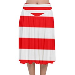 Christmas Red And White Cabana Stripes Velvet Flared Midi Skirt by PodArtist