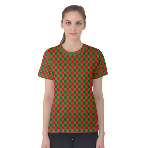 Large Red And Green Christmas Gingham Check Tartan Plaid Women s Cotton Tee by PodArtist