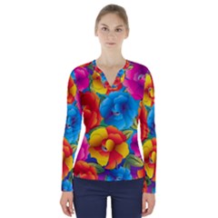 Neon Colored Floral Pattern V-neck Long Sleeve Top by allthingseveryone