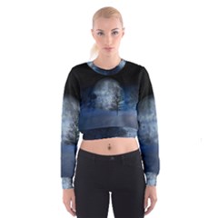 Winter Wintry Moon Christmas Snow Cropped Sweatshirt by Celenk