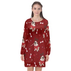 Pug Xmas Pattern Long Sleeve Chiffon Shift Dress  by Valentinaart