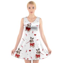 Pug Xmas Pattern V-neck Sleeveless Skater Dress by Valentinaart