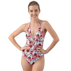 Yeti Xmas Pattern Halter Cut-out One Piece Swimsuit by Valentinaart