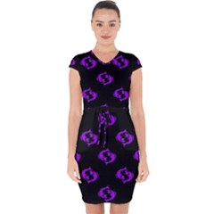 Purple Pisces On Black Background Capsleeve Drawstring Dress 