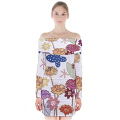 Flowers Butterflies Dragonflies Long Sleeve Off Shoulder Dress by Celenk