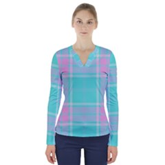 Blue And Pink Pastel Plaid V-neck Long Sleeve Top