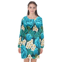 Light Blue Roses And Daisys Long Sleeve Chiffon Shift Dress  by Bigfootshirtshop