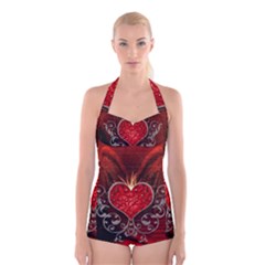 Wonderful Heart With Wings, Decorative Floral Elements Boyleg Halter Swimsuit  by FantasyWorld7