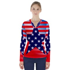 Patriotic American Usa Design Red V-neck Long Sleeve Top