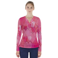 Pink Hearts Pattern V-neck Long Sleeve Top