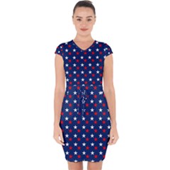 Patriotic Red White Blue Stars Blue Background Capsleeve Drawstring Dress 