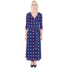 Patriotic Red White Blue Stars Blue Background Quarter Sleeve Wrap Maxi Dress by Celenk