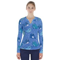 Cute Narwhal Pattern V-neck Long Sleeve Top