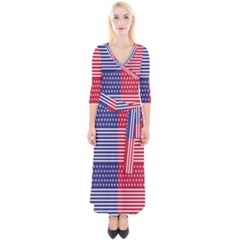 American Flag Patriot Red White Quarter Sleeve Wrap Maxi Dress