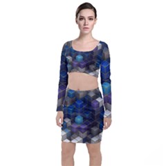 Cube Cubic Design 3d Shape Square Long Sleeve Crop Top & Bodycon Skirt Set