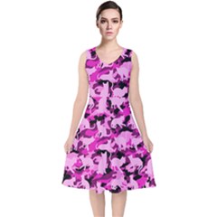 Hot Pink Catmouflage Camouflage V-neck Midi Sleeveless Dress 