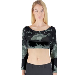 Surfboard With Dolphin, Flowers, Palm And Turtle Long Sleeve Crop Top by FantasyWorld7