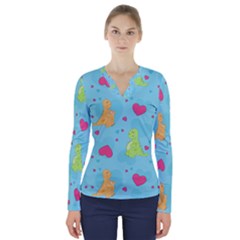 Dinosaur Love Pattern V-neck Long Sleeve Top