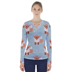 Cute Fox Pattern V-neck Long Sleeve Top