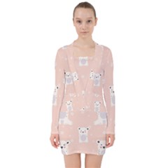 Cute Polar Bear Pattern V-neck Bodycon Long Sleeve Dress by Bigfootshirtshop