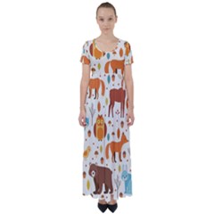 Woodland Friends Pattern High Waist Short Sleeve Maxi Dress