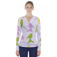 Birds Colourful Background V-neck Long Sleeve Top