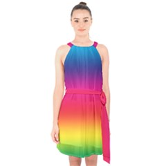 Spectrum Background Rainbow Color Halter Collar Waist Tie Chiffon Dress by Celenk