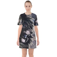 Angry Lion Digital Art Hd Sixties Short Sleeve Mini Dress by Celenk