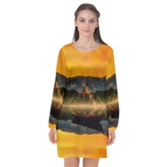 Bled Slovenia Sunrise Fog Mist Long Sleeve Chiffon Shift Dress  by BangZart