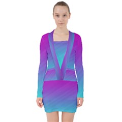 Background Pink Blue Gradient V-neck Bodycon Long Sleeve Dress