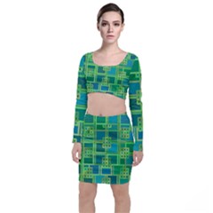 Green Abstract Geometric Long Sleeve Crop Top & Bodycon Skirt Set