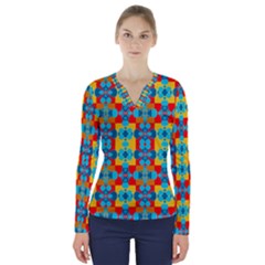 Pop Art Abstract Design Pattern V-neck Long Sleeve Top