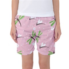 Dragonfly And White Flowers Pattern Women s Basketball Shorts by Bigfootshirtshop