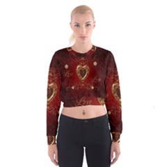 Wonderful Hearts With Floral Elemetns, Gold, Red Cropped Sweatshirt by FantasyWorld7