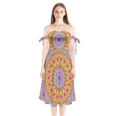 Geometric Flower Oriental Ornament Shoulder Tie Bardot Midi Dress