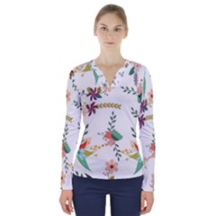 Floral Backdrop Pattern Flower V-neck Long Sleeve Top