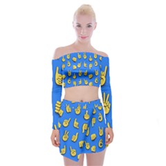 Emojis Hands Fingers Background Off Shoulder Top With Mini Skirt Set by Celenk