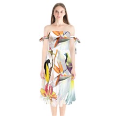 Exotic Birds Of Paradise And Flowers Watercolor Shoulder Tie Bardot Midi Dress by TKKdesignsCo