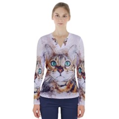 Cat Animal Art Abstract Watercolor V-neck Long Sleeve Top