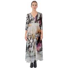 Tiger Roar Animal Art Abstract Button Up Boho Maxi Dress by Celenk