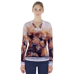 Dog Puppy Animal Art Abstract V-neck Long Sleeve Top