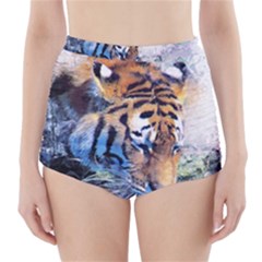 Tiger Drink Animal Art Abstract High-waisted Bikini Bottoms by Celenk