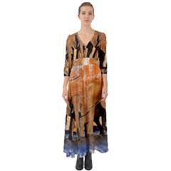 Elephants Animal Art Abstract Button Up Boho Maxi Dress by Celenk