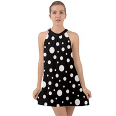 White On Black Polka Dot Pattern Halter Tie Back Chiffon Dress by LoolyElzayat