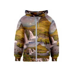 Nature Mountains Cliff Waterfall Kids  Zipper Hoodie by Celenk