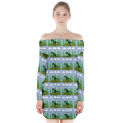 Dino In The Mountains Blue Long Sleeve Off Shoulder Dress by snowwhitegirl