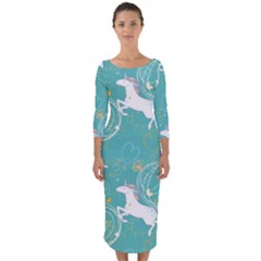 Magical Flying Unicorn Pattern Quarter Sleeve Midi Bodycon Dress