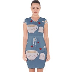 Cute Tea Capsleeve Drawstring Dress 