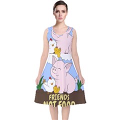 Friends Not Food - Cute Pig And Chicken V-neck Midi Sleeveless Dress 