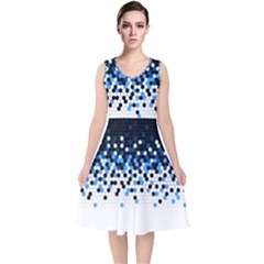 Flat Tech Camouflage Reverse Blue V-neck Midi Sleeveless Dress 